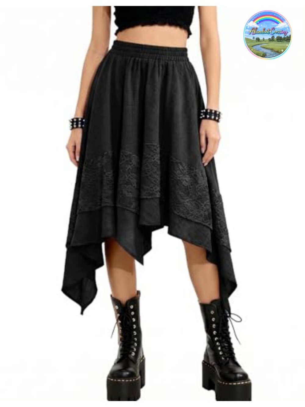 Renaissance Lace Trim Asymmetrical Flowy Midi Skirt